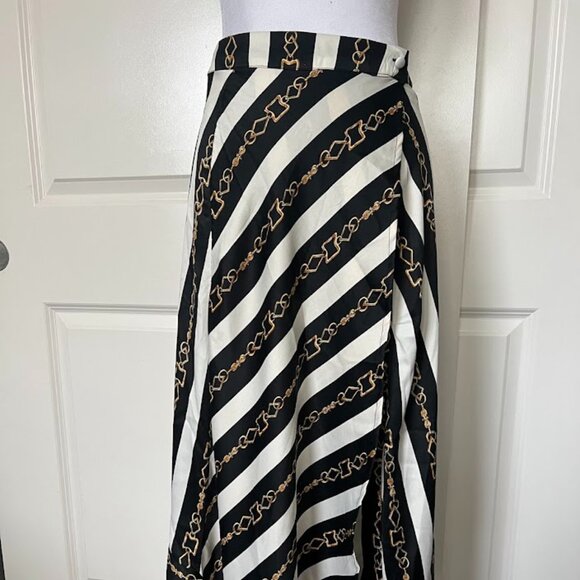 ASOS Black White Stripe Gold Chain Wrap Midi Long Skirt Size 2 - Picture 1 of 13